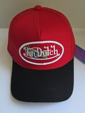Von Dutch Red and Black Logo Trucker Cap